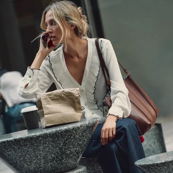 Zara Tops - Zara Cream Blouse with Black Trim